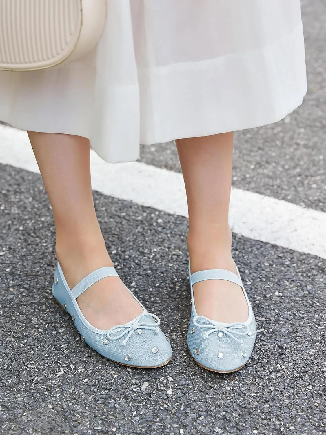 Coutgo Womens Mesh Ballet Flats Crystal Rhinestone Studded Comfortable Mary Jane Dress Shoes