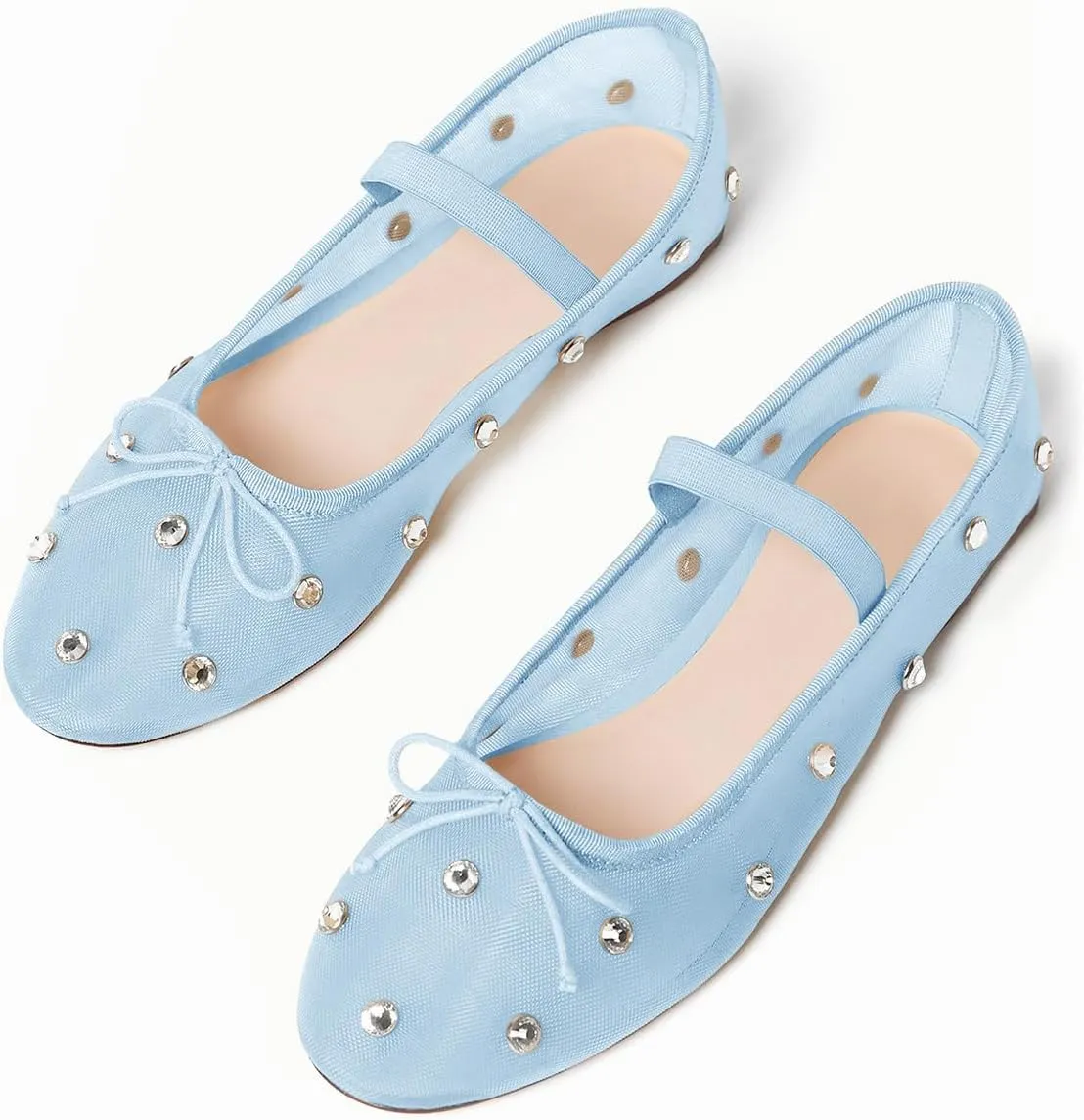 Coutgo Womens Mesh Ballet Flats Crystal Rhinestone Studded Comfortable Mary Jane Dress Shoes