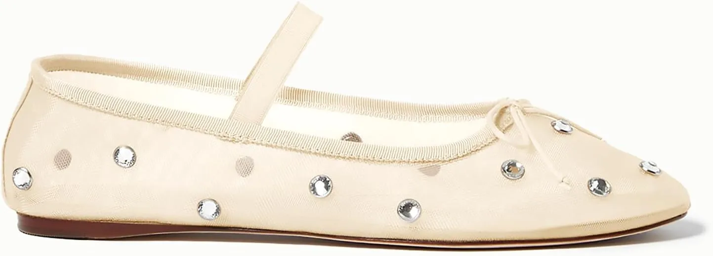 Coutgo Womens Mesh Ballet Flats Crystal Rhinestone Studded Comfortable Mary Jane Dress Shoes