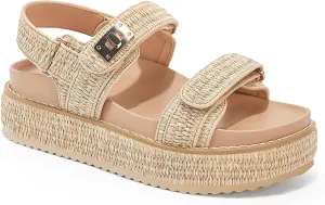 Coutgo Womens Platform Sandals Comfortable Flat Sandals Double Strap Footbed Summer Beach Sandals