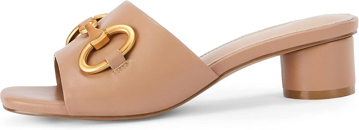 Coutgo Women's Slide Sandals Square Open Toe Slip on Comfortable Mules Block Low Heel Metal Chain Dressy Shoes