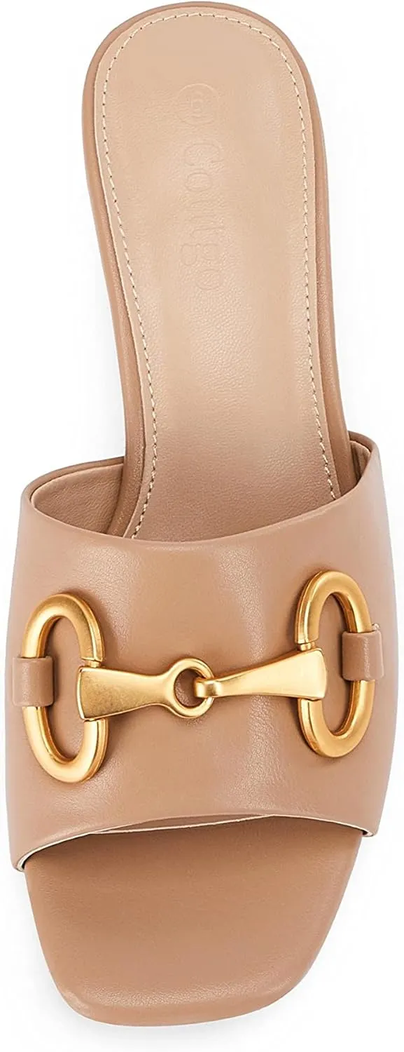 Coutgo Women's Slide Sandals Square Open Toe Slip on Comfortable Mules Block Low Heel Metal Chain Dressy Shoes