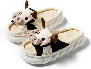 Cow Slippers for Women Men, Cute Cartoon Animal Slippers, Fuzzy/Linen Kawaii House Slippers, Winter/Summer Cow Slides for Indoor and Outdoor