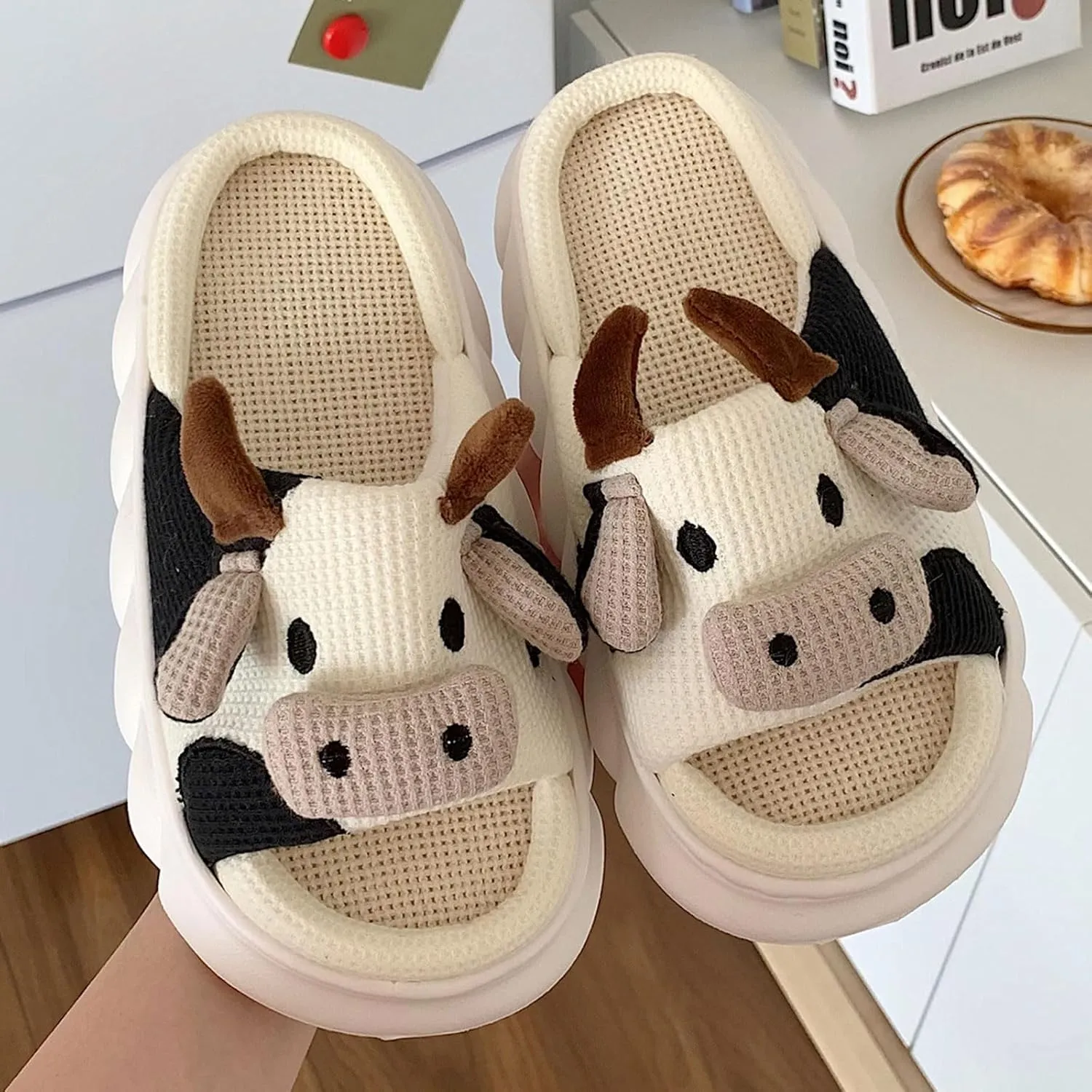 Cow Slippers for Women Men, Cute Cartoon Animal Slippers, Fuzzy/Linen Kawaii House Slippers, Winter/Summer Cow Slides for Indoor and Outdoor