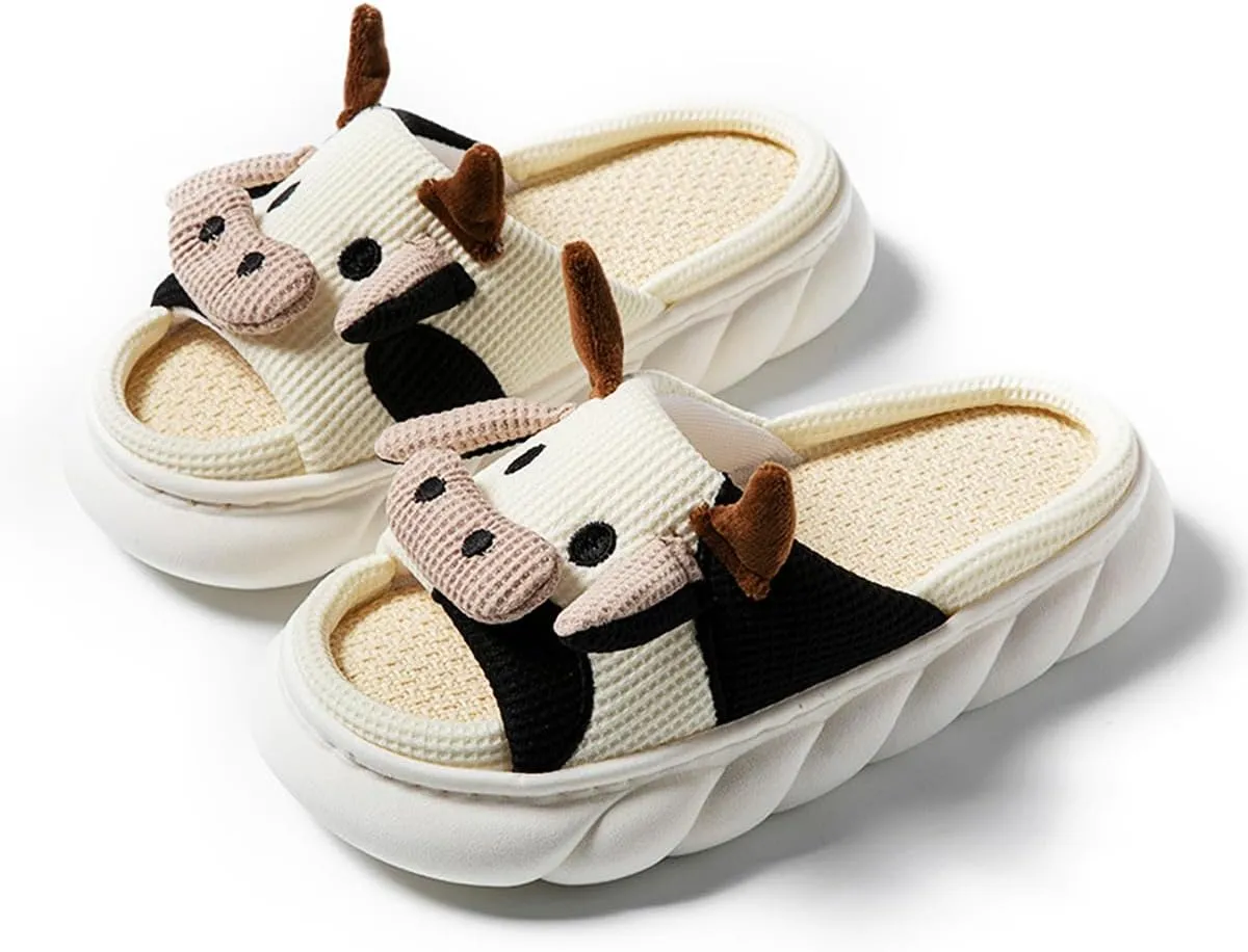 Cow Slippers for Women Men, Cute Cartoon Animal Slippers, Fuzzy/Linen Kawaii House Slippers, Winter/Summer Cow Slides for Indoor and Outdoor
