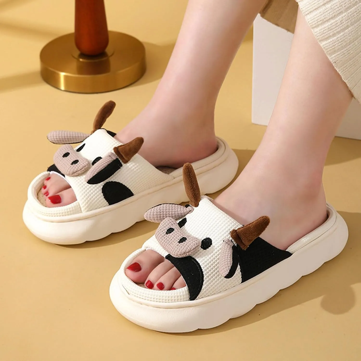 Cow Slippers for Women Men, Cute Cartoon Animal Slippers, Fuzzy/Linen Kawaii House Slippers, Winter/Summer Cow Slides for Indoor and Outdoor