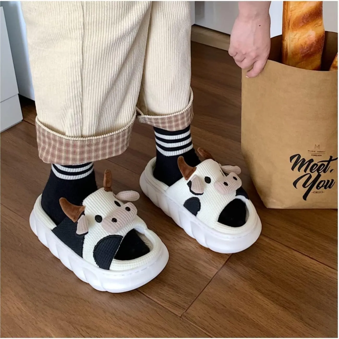 Cow Slippers for Women Men, Cute Cartoon Animal Slippers, Fuzzy/Linen Kawaii House Slippers, Winter/Summer Cow Slides for Indoor and Outdoor