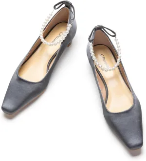 C.Paravano Ladies' Chunky Low Heel Pearl Ankle Strap Women's Square Toe Pumps Closed Toe Low Heel Pumps Bridal Wedding Shoes 1.1in Heels（Dark Grey，9.5）