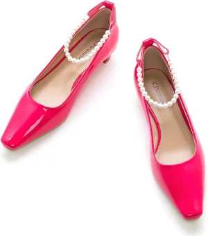 C.Paravano Ladies' Chunky Low Heel Pearl Ankle Strap Women's Square Toe Pumps Closed Toe Low Heel Pumps Bridal Wedding Shoes 1.1in Heels（Hotpink，7.5）