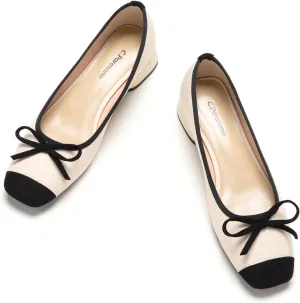 C.Paravano Low Heel Dress Shoes for Women | Elegant Slip On Heels with Bowknot | Comfortable Square Toe Pumps | Wedding Work Office Heeled Shoes(White, 36)