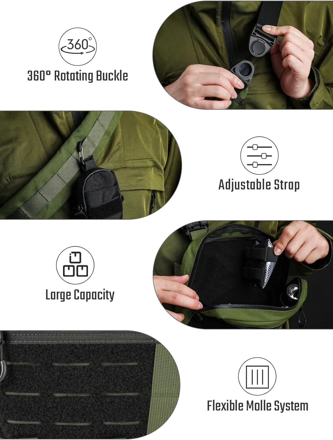 Crossbody Shoulder Bag, Nylon Multipurpose Daypack, Chest Backpack Casual Shoulder for Daily Carry (Black Green-L3S-CR-Small)