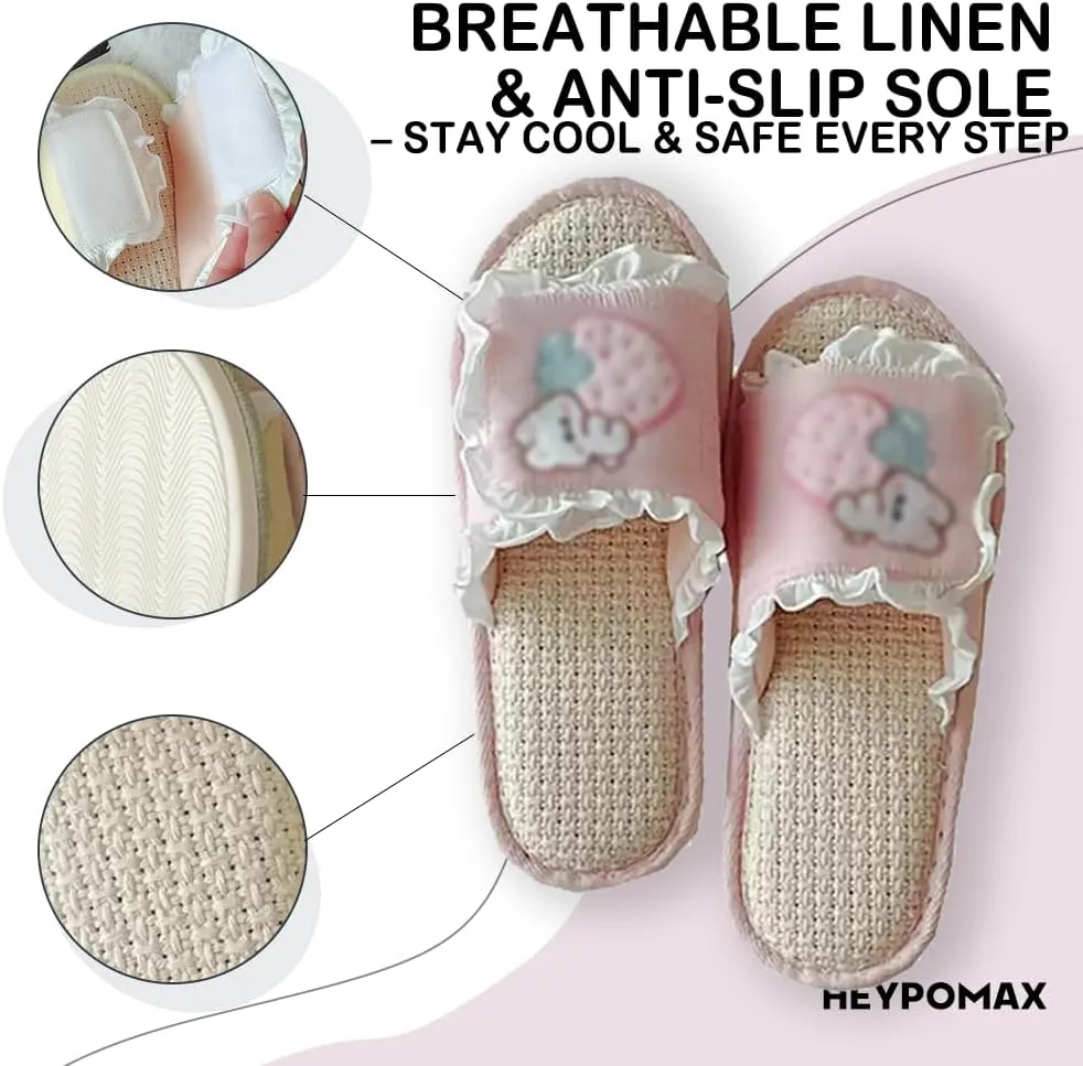 Cute Linen House Slippers for Women – Summer Breathable Indoor Open-Toe Slide with Anti-Slip Sole, Asian-Inspired Comfort Design