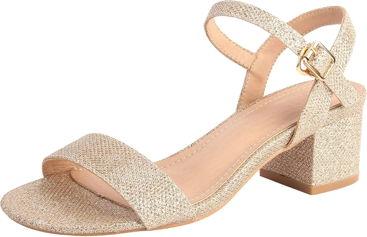 DADAWEN Women's Open Toe Ankle Strap Glitter Low Block Chunky Heels Sandals Dress Pumps Shoes