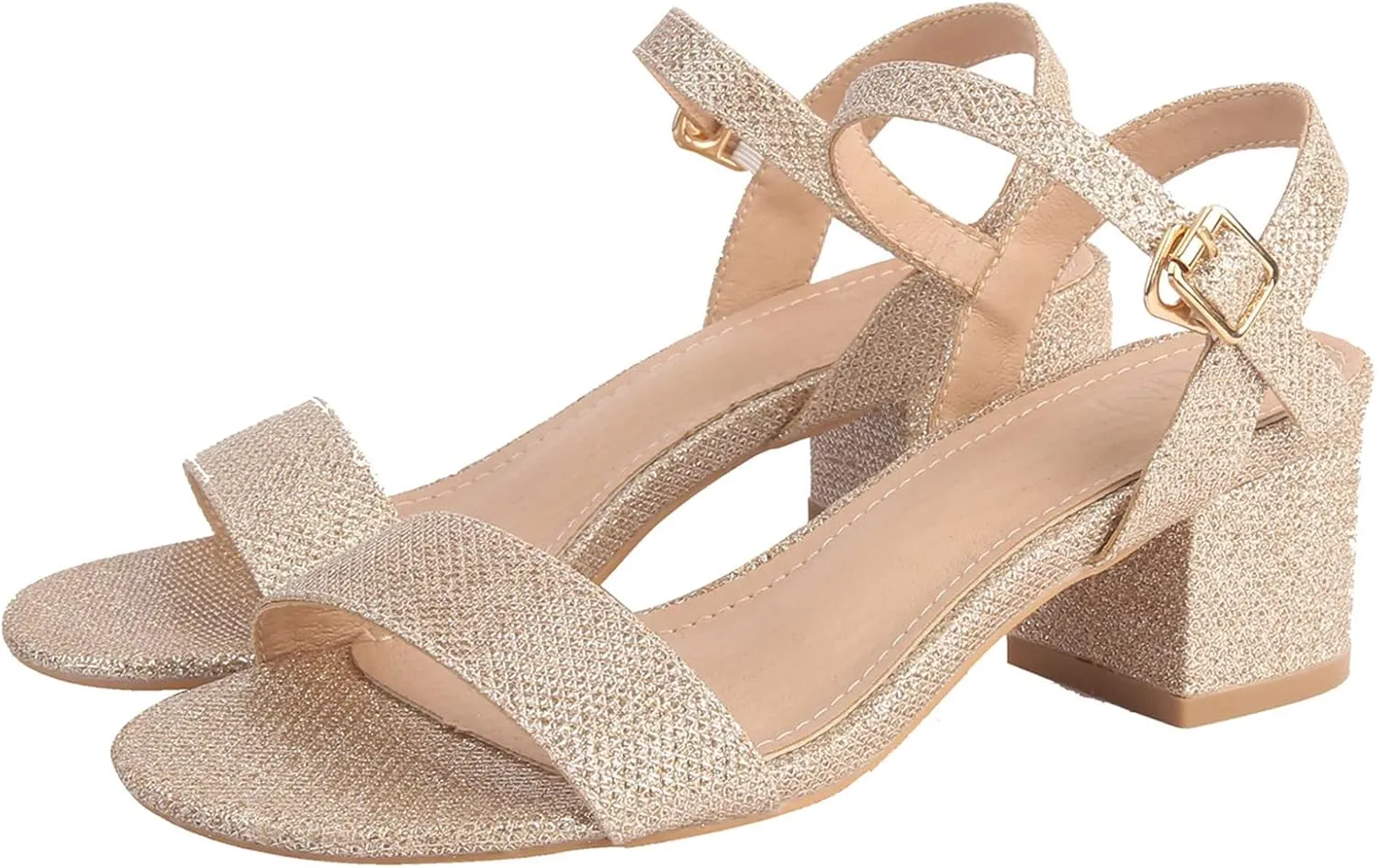 DADAWEN Women's Open Toe Ankle Strap Glitter Low Block Chunky Heels Sandals Dress Pumps Shoes