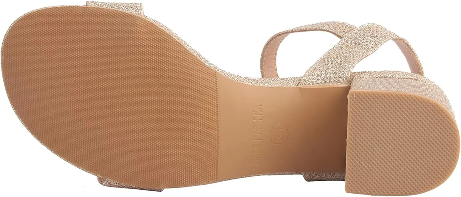 DADAWEN Women's Open Toe Ankle Strap Glitter Low Block Chunky Heels Sandals Dress Pumps Shoes
