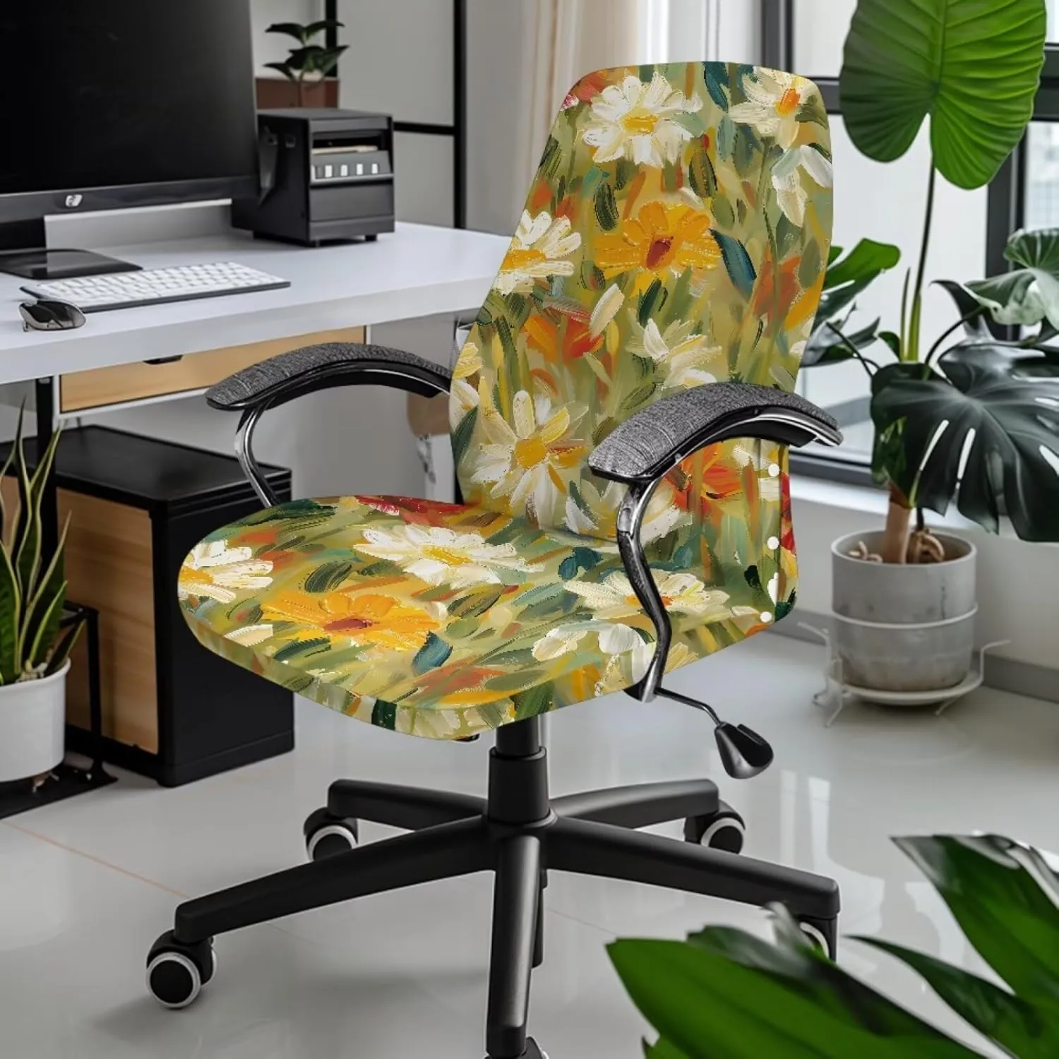 Daisy Oil Painting Print Office Chair Cover, Removable Office Chair Seat Covers Breathable Rotating Chair Slipcovers Water Resistant High Back Computer Chair Cover-L