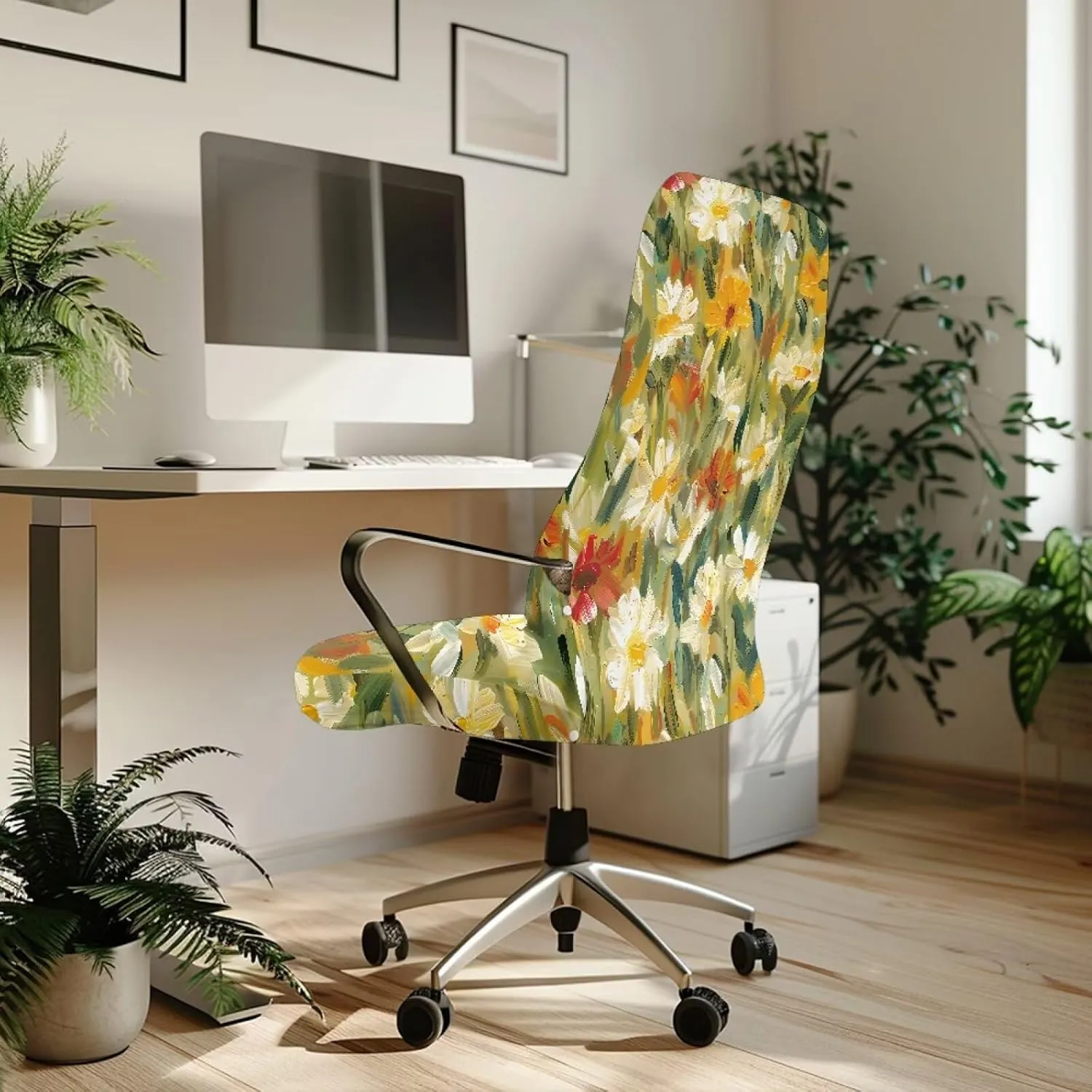 Daisy Oil Painting Print Office Chair Cover, Removable Office Chair Seat Covers Breathable Rotating Chair Slipcovers Water Resistant High Back Computer Chair Cover-L