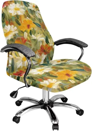 Daisy Oil Painting Print Office Chair Cover, Removable Office Chair Seat Covers Breathable Rotating Chair Slipcovers Water Resistant High Back Computer Chair Cover-L