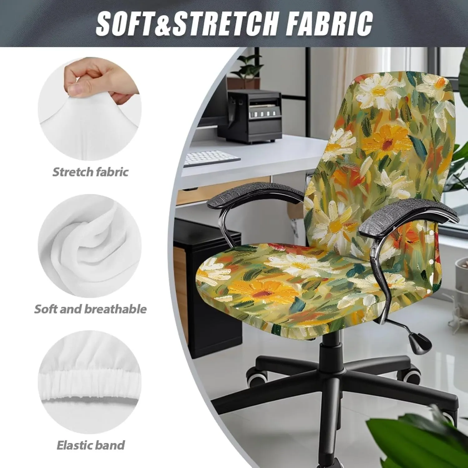 Daisy Oil Painting Print Office Chair Cover, Removable Office Chair Seat Covers Breathable Rotating Chair Slipcovers Water Resistant High Back Computer Chair Cover-L