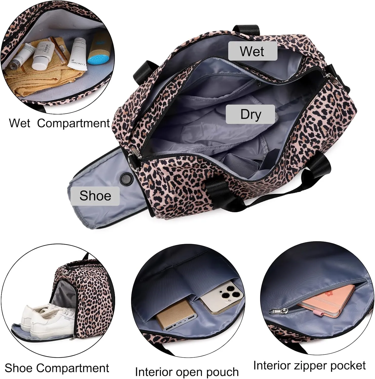 Dance Bag Sports Gym Duffle Ballet Weekender Overnight Bags with Shoes Compartment & Wet Pocket for Girls Teen Wmen（Brown Leopard Print）