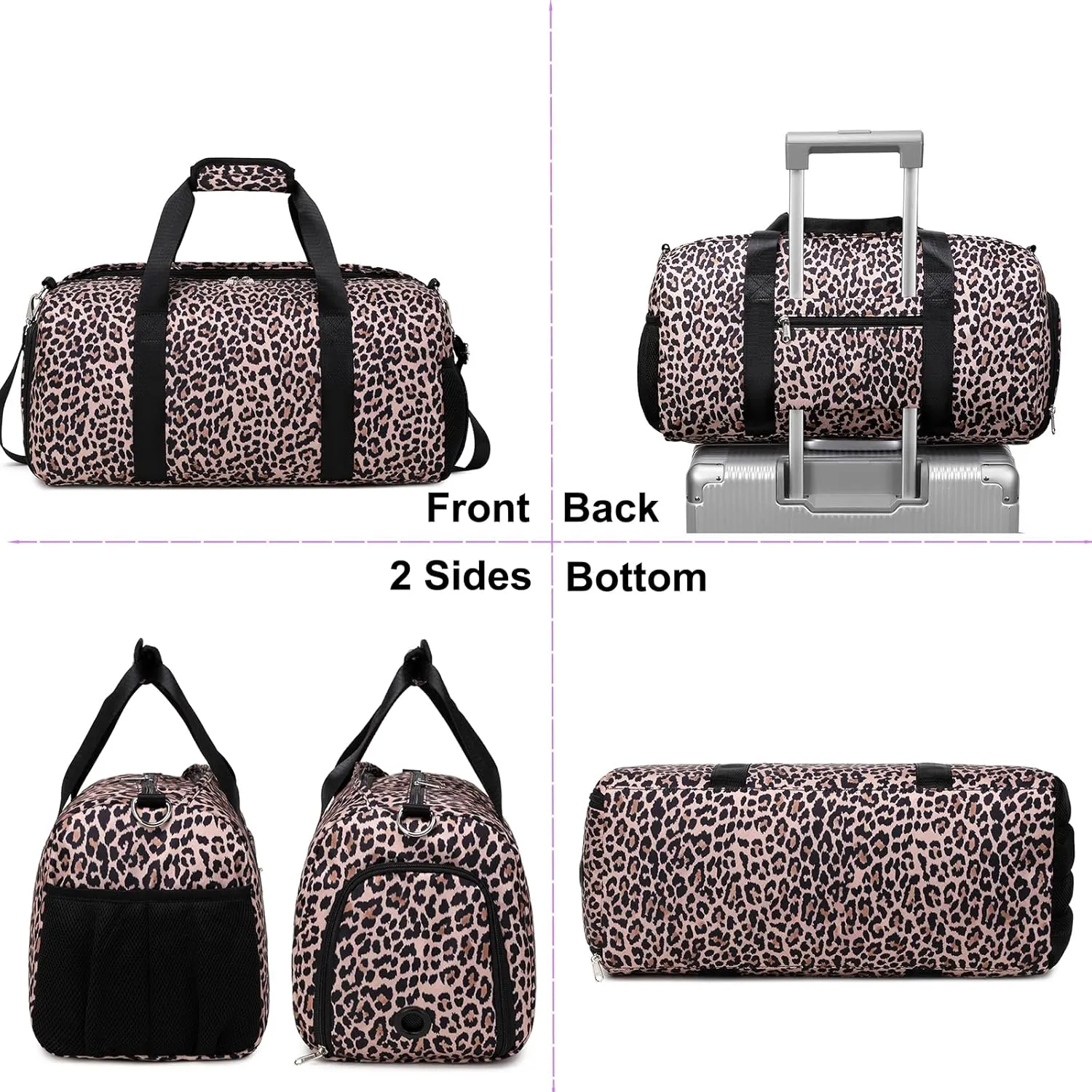 Dance Bag Sports Gym Duffle Ballet Weekender Overnight Bags with Shoes Compartment & Wet Pocket for Girls Teen Wmen（Brown Leopard Print）