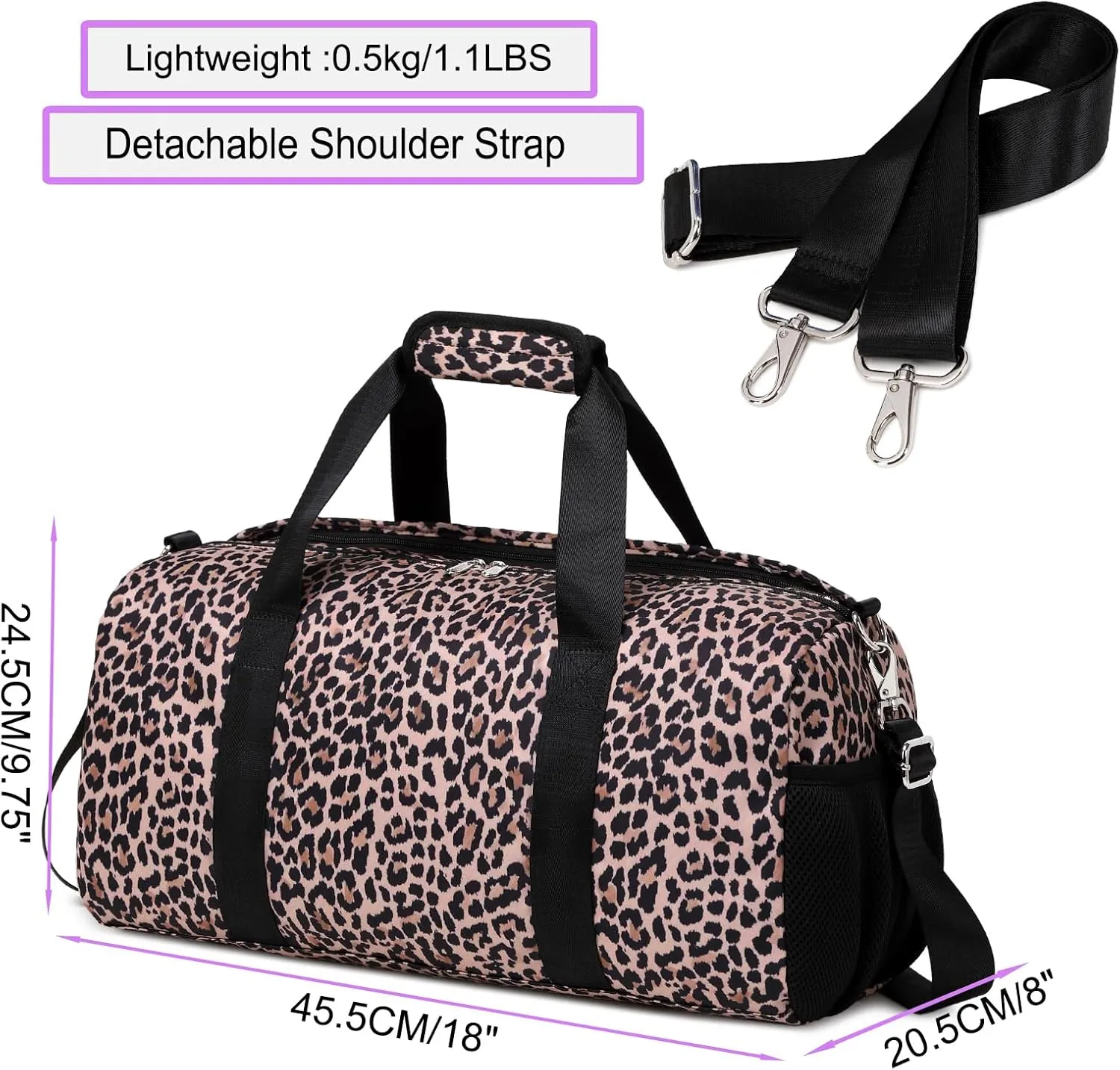 Dance Bag Sports Gym Duffle Ballet Weekender Overnight Bags with Shoes Compartment & Wet Pocket for Girls Teen Wmen（Brown Leopard Print）