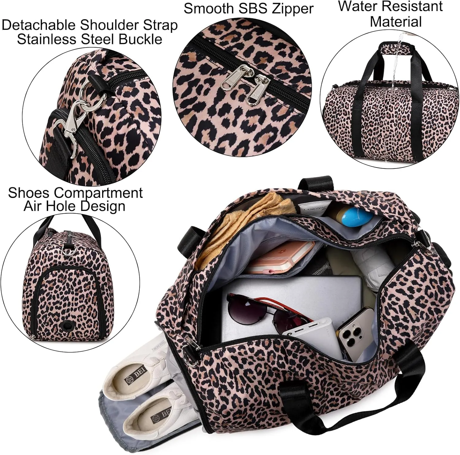 Dance Bag Sports Gym Duffle Ballet Weekender Overnight Bags with Shoes Compartment & Wet Pocket for Girls Teen Wmen（Brown Leopard Print）