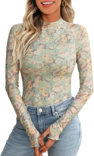Dealmore Lace Long Sleeve Floral Mesh Mockneck Going Out Tops for Women Fashion Fall Outfits 2025