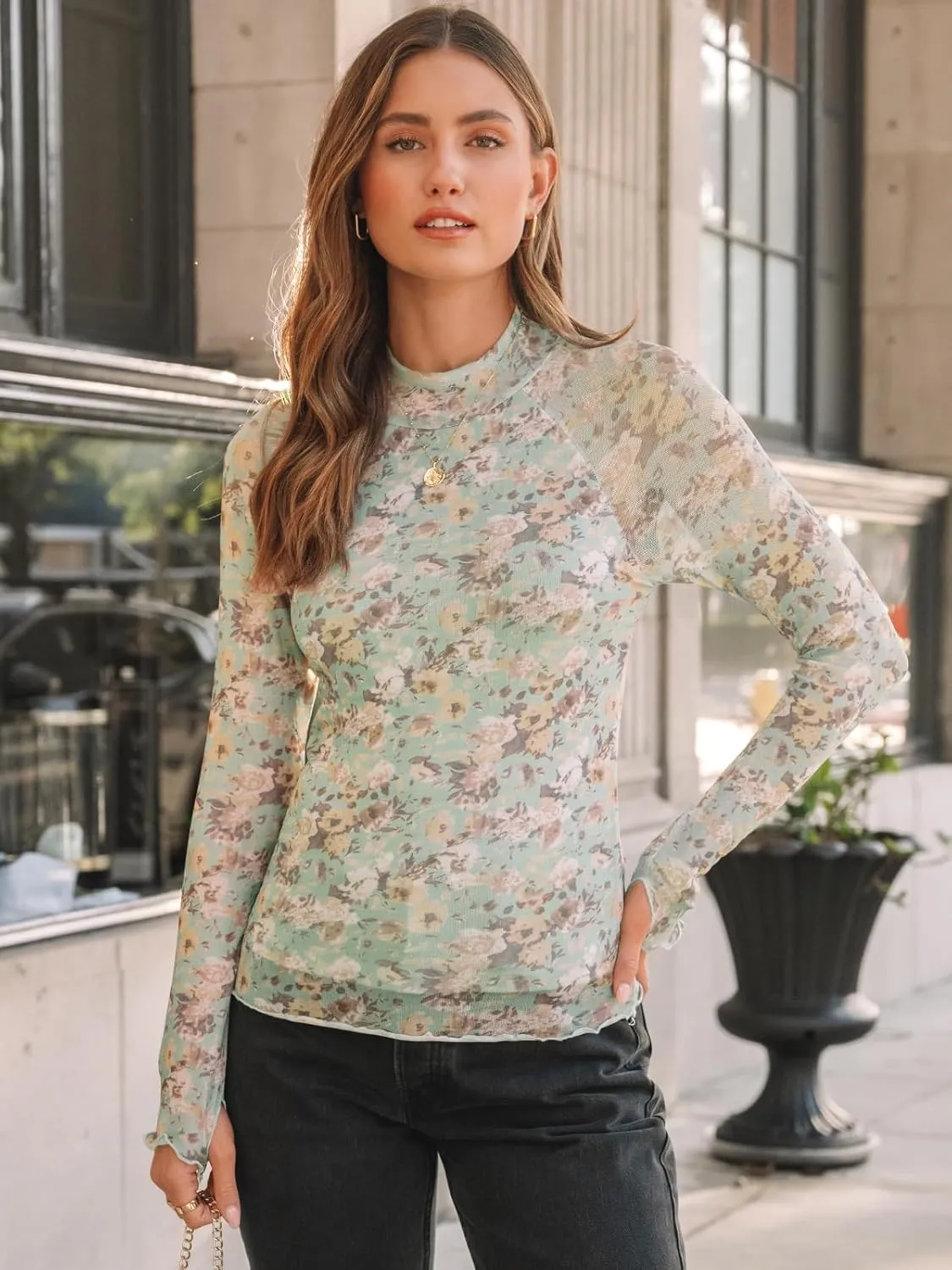 Dealmore Lace Long Sleeve Floral Mesh Mockneck Going Out Tops for Women Fashion Fall Outfits 2025