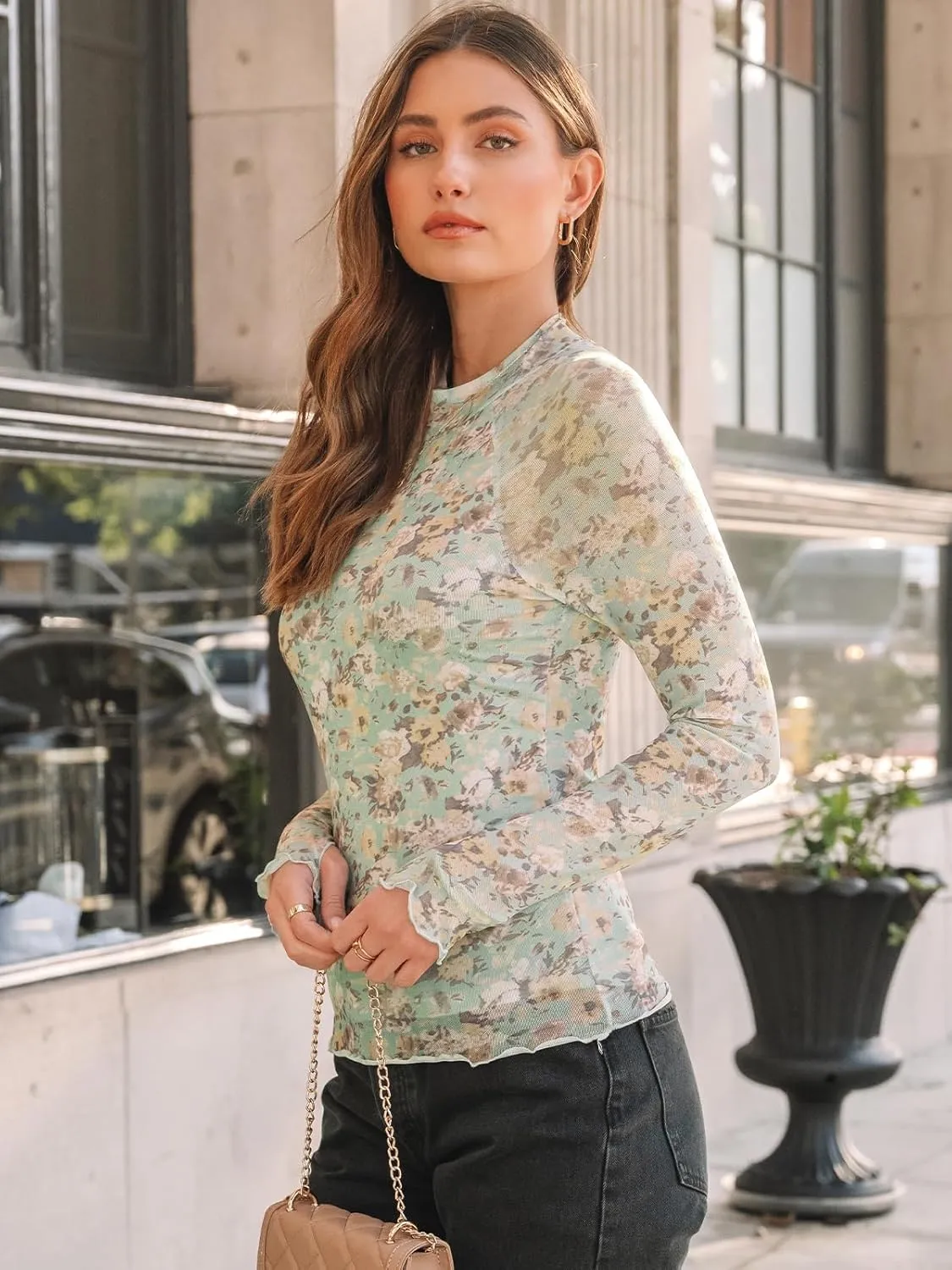 Dealmore Lace Long Sleeve Floral Mesh Mockneck Going Out Tops for Women Fashion Fall Outfits 2025