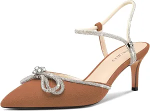 DearOnly Womens Rhinestone Kitten Heels with Bow-Knot Glitter Ankle Strap Pointed Toe Pumps Stiletto Mid Heel Crystal Slingback Wedding Dress Shoes 2.6 Inches Heels