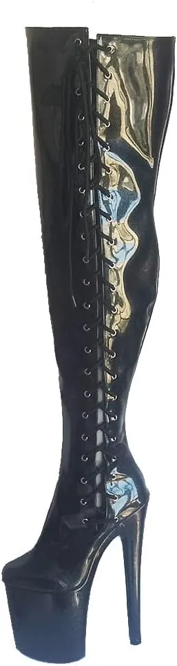 denova's Women's Patent 7.9in Very High Heel Lace Up Platform Pole Dance Over-The-Knee Thigh High Boot with Zipper