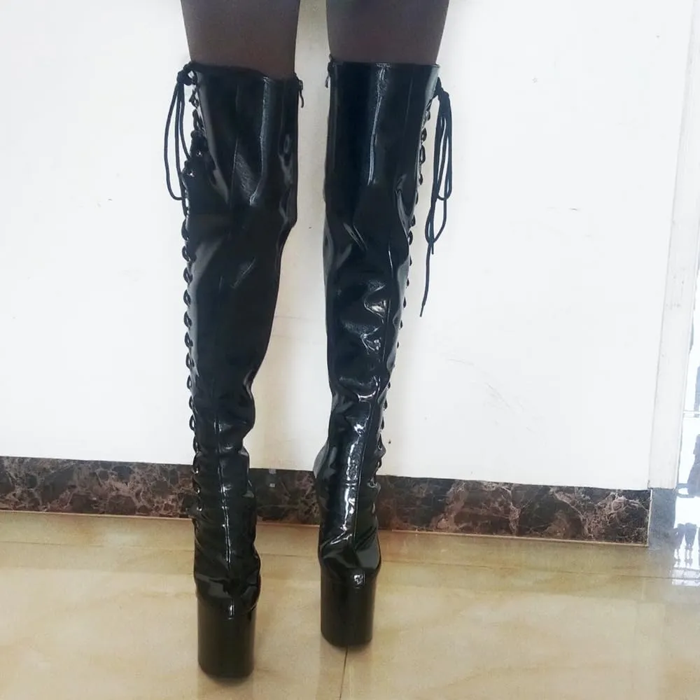 denova's Women's Patent 7.9in Very High Heel Lace Up Platform Pole Dance Over-The-Knee Thigh High Boot with Zipper
