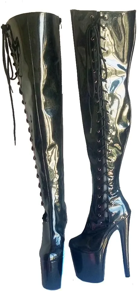 denova's Women's Patent 7.9in Very High Heel Lace Up Platform Pole Dance Over-The-Knee Thigh High Boot with Zipper