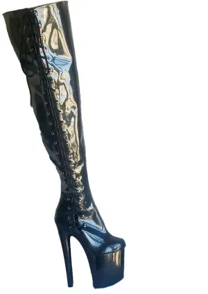 denova's Women's Patent 7.9in Very High Heel Lace Up Platform Pole Dance Over-The-Knee Thigh High Boot with Zipper