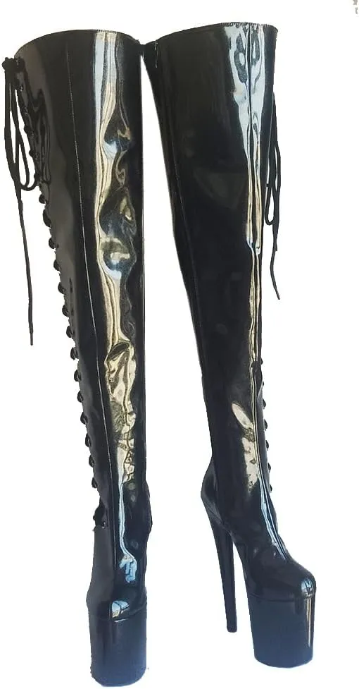 denova's Women's Patent 7.9in Very High Heel Lace Up Platform Pole Dance Over-The-Knee Thigh High Boot with Zipper