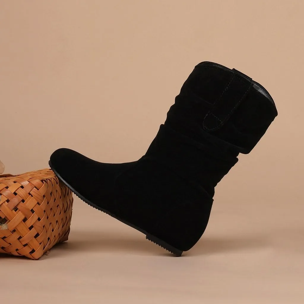 DINTAHA Womens Slouch Flat Boots Mid Calf Flat Boots Low Heel Fall Slouchy Cowgirl Boots