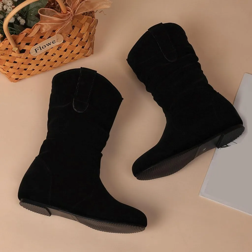 DINTAHA Womens Slouch Flat Boots Mid Calf Flat Boots Low Heel Fall Slouchy Cowgirl Boots