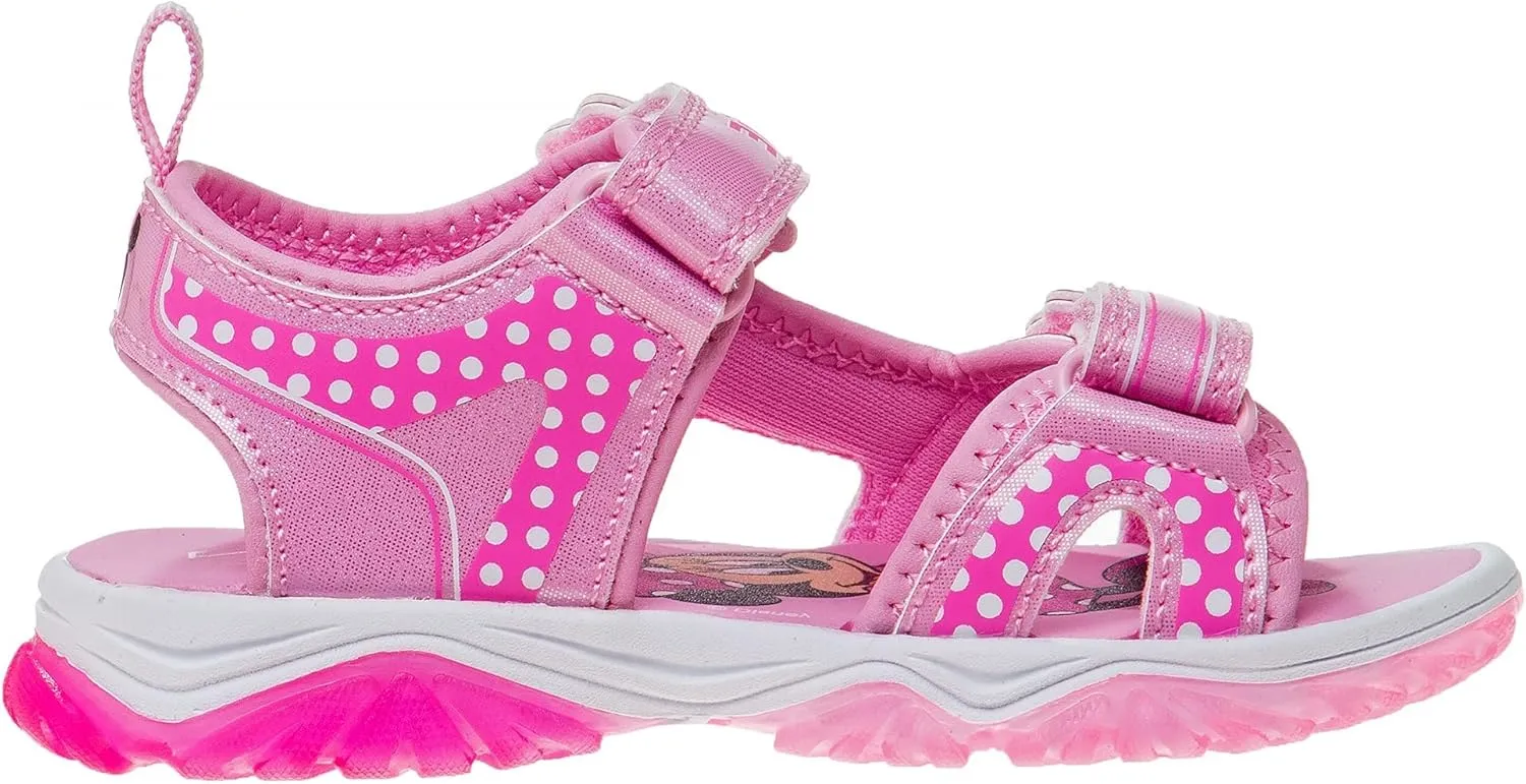 Disney Girls Minnie Mouse Sandals LED Light Up Water Shoes - SlipOn Waterproof Adjustable Strap Character Slides (OpenToe/ClosedToe) (Toddler/Little Kid)