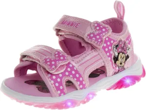 Disney Girls Minnie Mouse Sandals LED Light Up Water Shoes - SlipOn Waterproof Adjustable Strap Character Slides (OpenToe/ClosedToe) (Toddler/Little Kid)