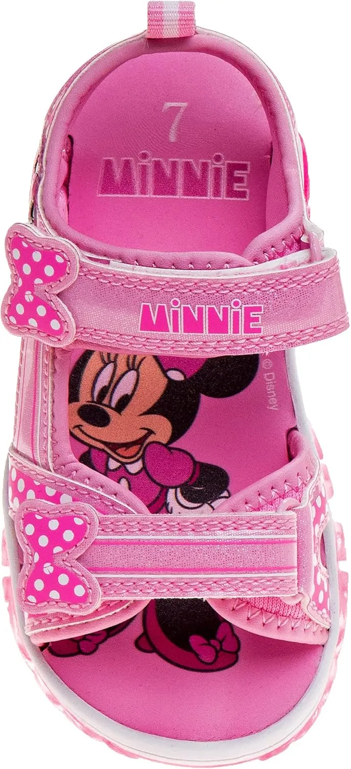 Disney Girls Minnie Mouse Sandals LED Light Up Water Shoes - SlipOn Waterproof Adjustable Strap Character Slides (OpenToe/ClosedToe) (Toddler/Little Kid)