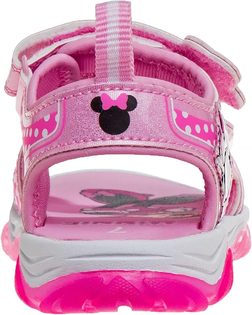 Disney Girls Minnie Mouse Sandals LED Light Up Water Shoes - SlipOn Waterproof Adjustable Strap Character Slides (OpenToe/ClosedToe) (Toddler/Little Kid)
