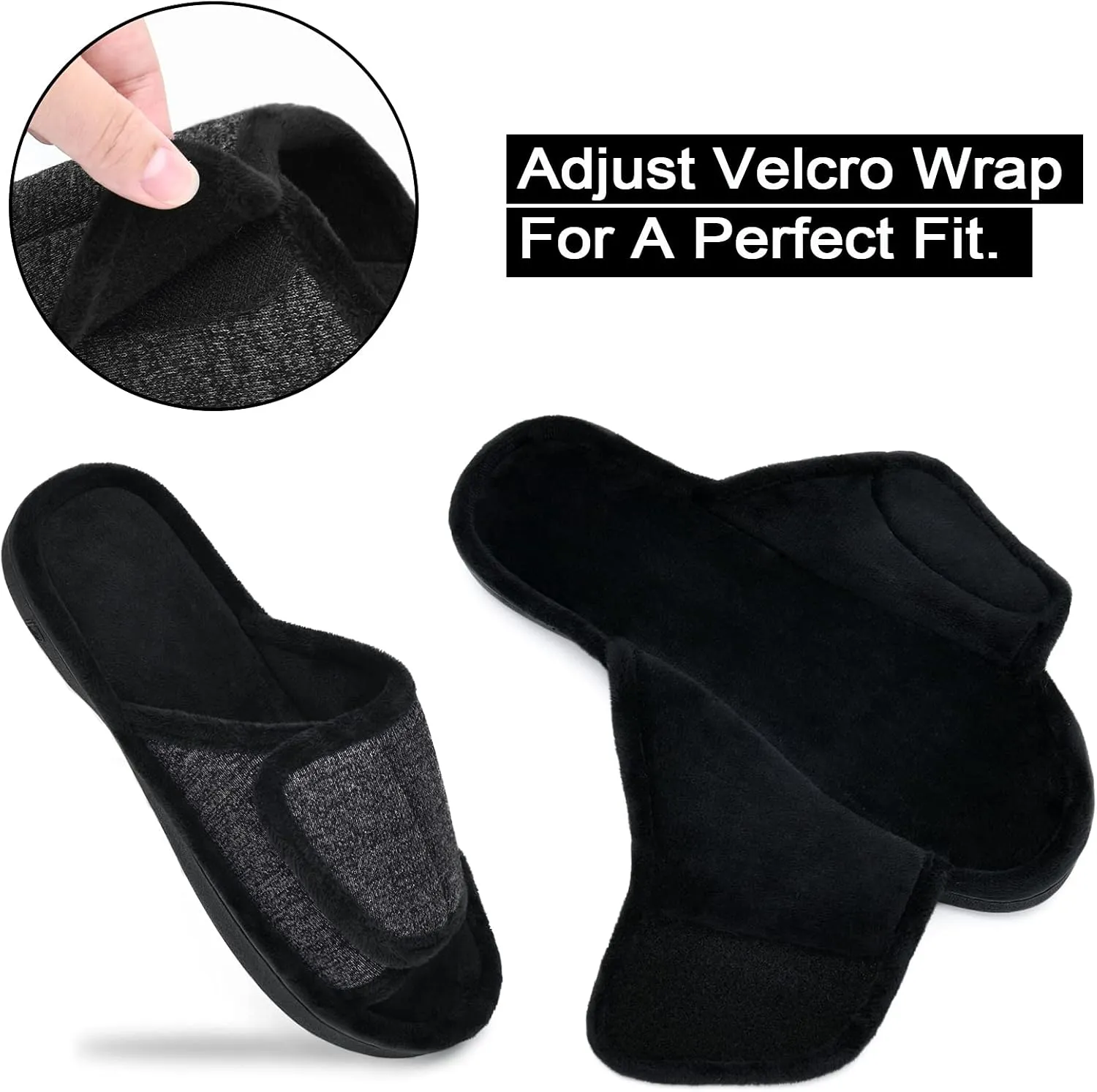 DL Adjustable Men's Memory Foam Slippers, Comfy Indoor Outdoor, Breathable Slide Bedroom Velcor Slippers Size 7-14 Black, Gray, Navy, Brown
