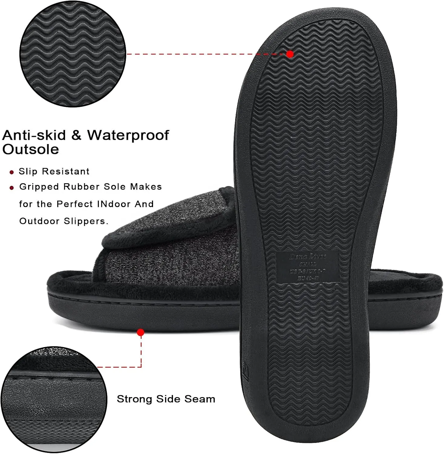 DL Adjustable Men's Memory Foam Slippers, Comfy Indoor Outdoor, Breathable Slide Bedroom Velcor Slippers Size 7-14 Black, Gray, Navy, Brown