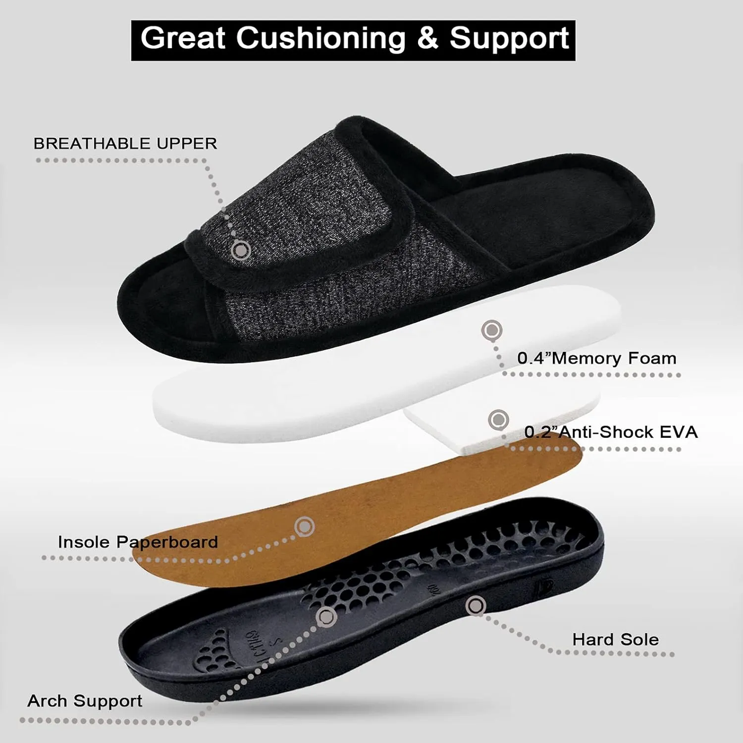 DL Adjustable Men's Memory Foam Slippers, Comfy Indoor Outdoor, Breathable Slide Bedroom Velcor Slippers Size 7-14 Black, Gray, Navy, Brown