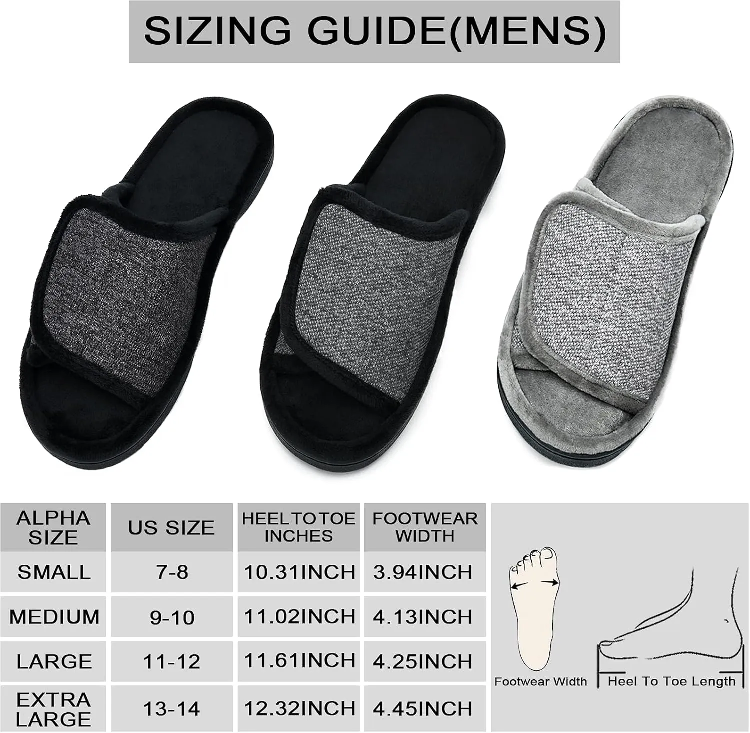 DL Adjustable Men's Memory Foam Slippers, Comfy Indoor Outdoor, Breathable Slide Bedroom Velcor Slippers Size 7-14 Black, Gray, Navy, Brown