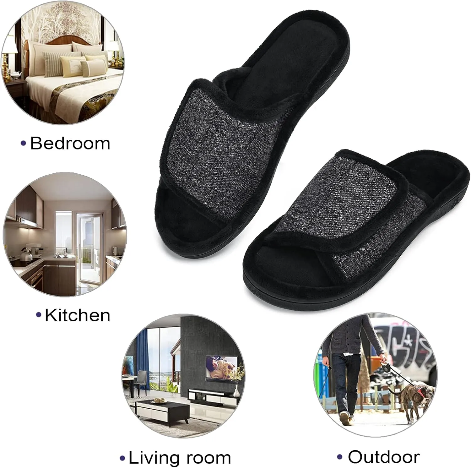 DL Adjustable Men's Memory Foam Slippers, Comfy Indoor Outdoor, Breathable Slide Bedroom Velcor Slippers Size 7-14 Black, Gray, Navy, Brown