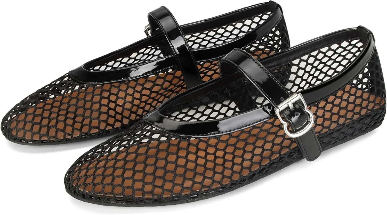 DOEYG Black Mesh Ballet Flats for Women Round Toe Mesh Ballerina Flat Shoes Buckle Strap Mesh Mary Jane Comfortable Casual Dressy Summer Fishnet Shoes US Size 8