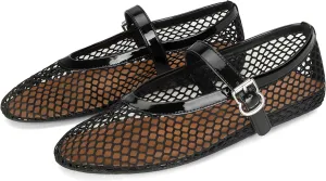 DOEYG Black Mesh Ballet Flats for Women Round Toe Mesh Ballerina Flat Shoes Buckle Strap Mesh Mary Jane Comfortable Casual Dressy Summer Fishnet Shoes US Size 8