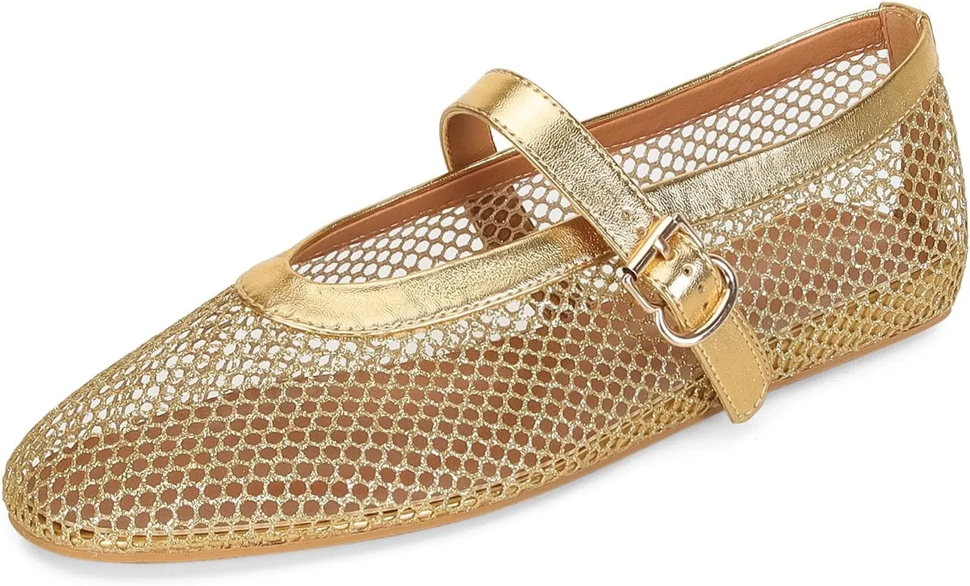 DOEYG Mesh Ballet Flats for Women Buckle Strap Comfy Casual Office Fishnet Ballerina Flat Shoes